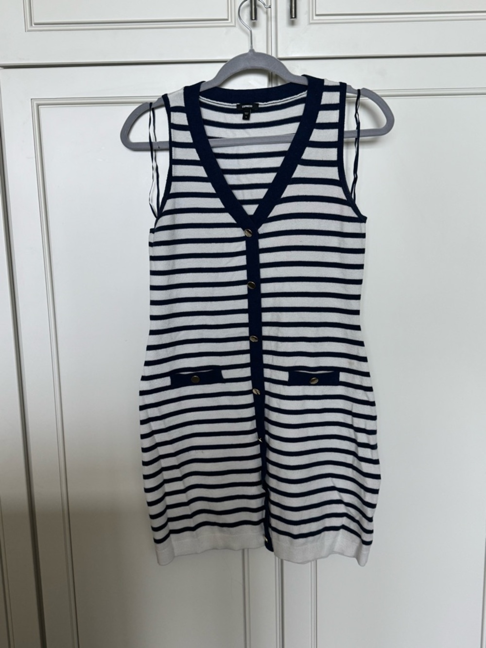 Express Navy and White Striped Sleeveless Midi Button-Front Dress
